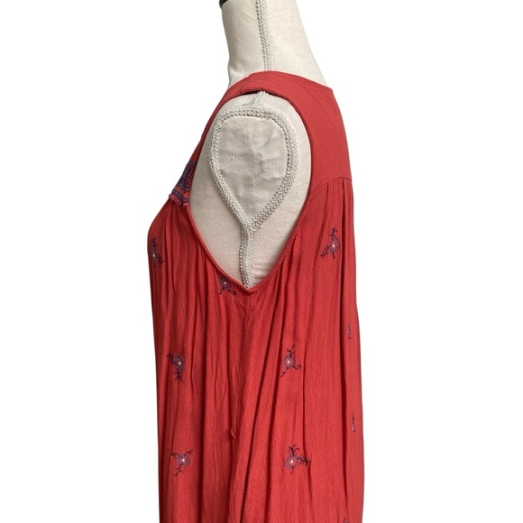 Ann Taylor LOFT Embroidered Brick Red Dress Medium | Boho Tassel Tie Sleeveless - Picture 7 of 13